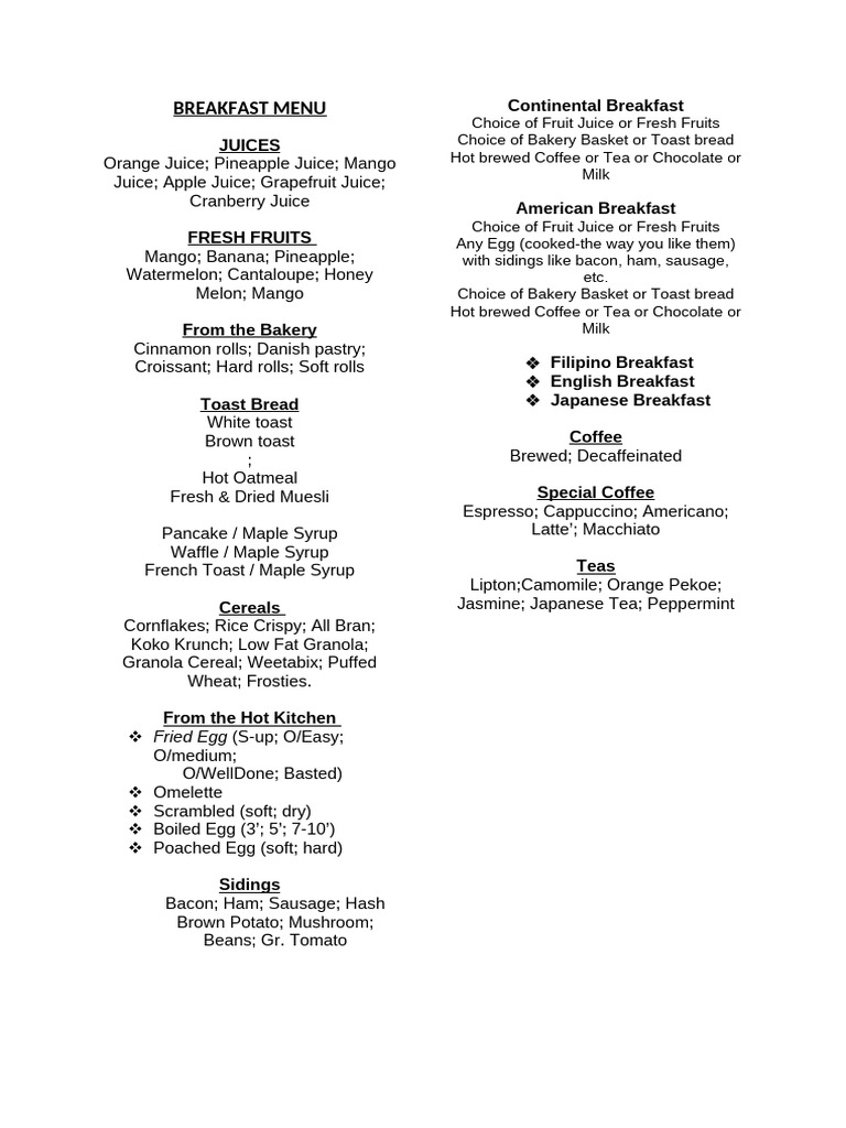 Sample Breakfast Menu | PDF