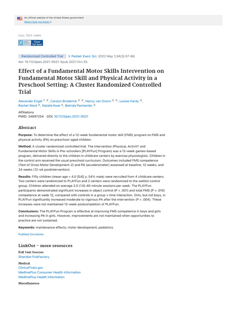 Effect of A Fundamental Motor Skills Intervention On Fundamental Motor ...