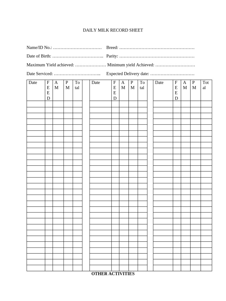Daily Milk Record Sheet | PDF
