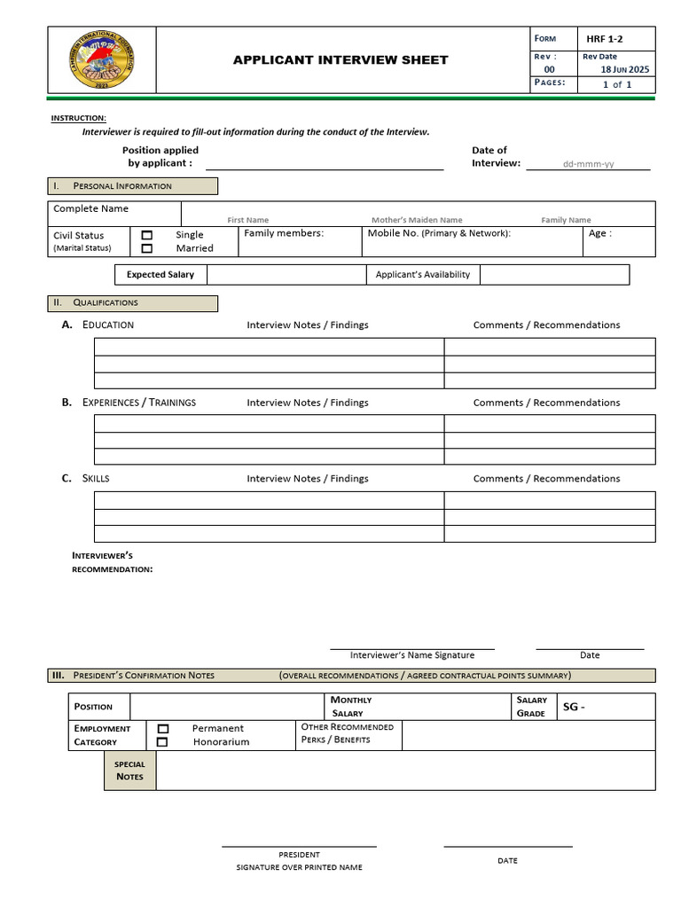 HRF 1-2 Applicant Interview Sheet | PDF