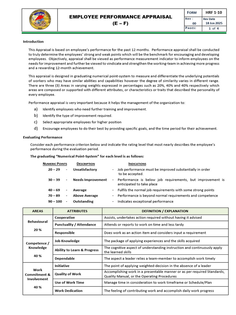 HRF 1-10 Employee Performance Appraisal (E - F) | PDF | Performance ...