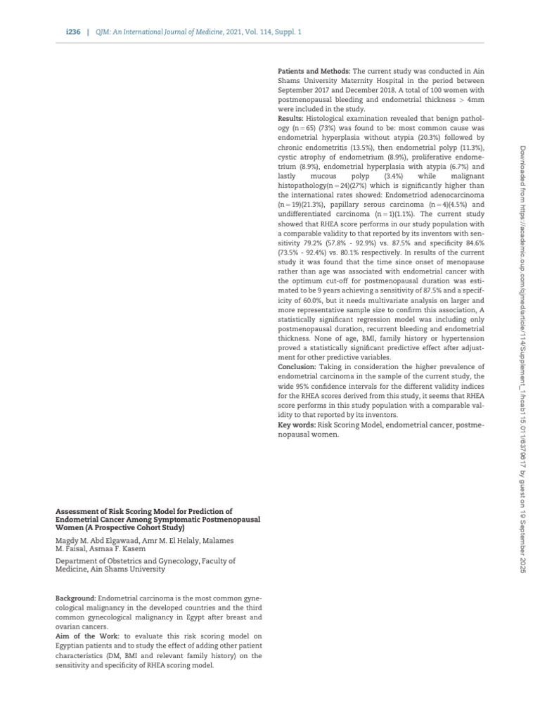 Assessment of Risk Scoring Model For Prediction of Endometrial Cancer ...