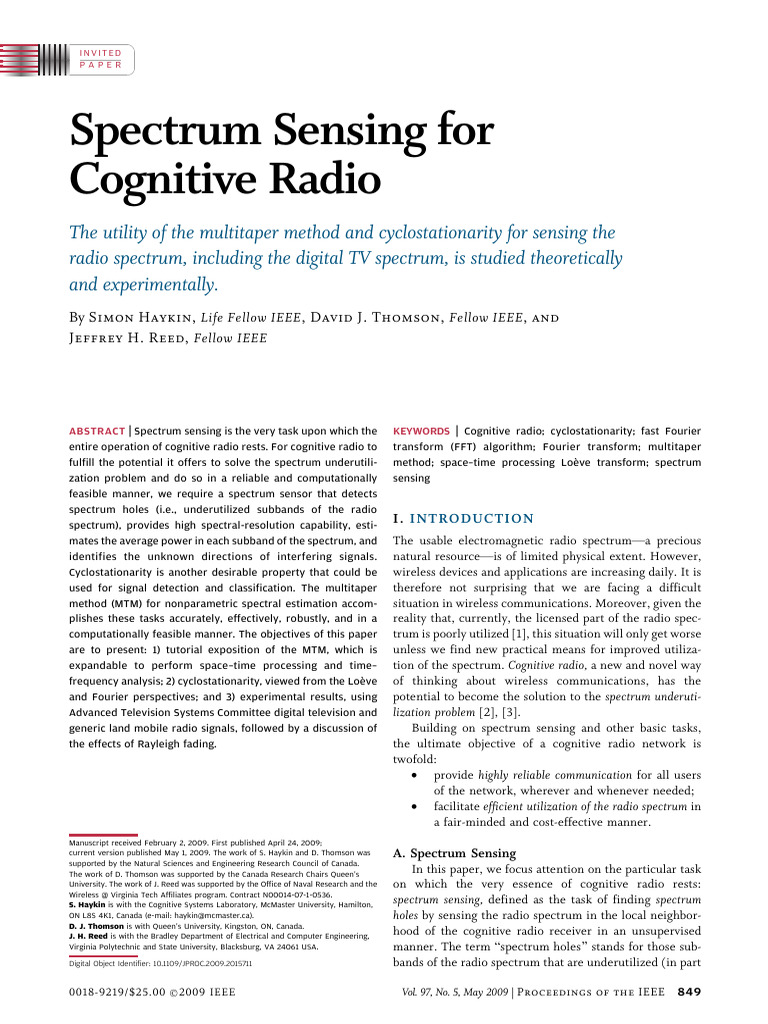 Spectrum Sensing For Cognitive Radio | PDF | Spectral Density ...