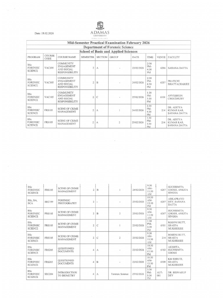 Practical Exam Schedule Feb'26 - Forensic | PDF