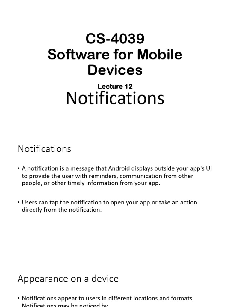 Lecture 12 Android Notifications | PDF | Mobile App | Android ...