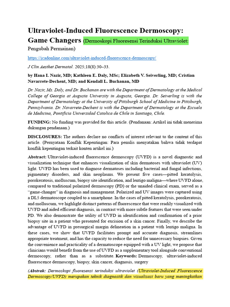 Ultraviolet-Induced Fluorescence Dermoscopy - Game Changers | PDF