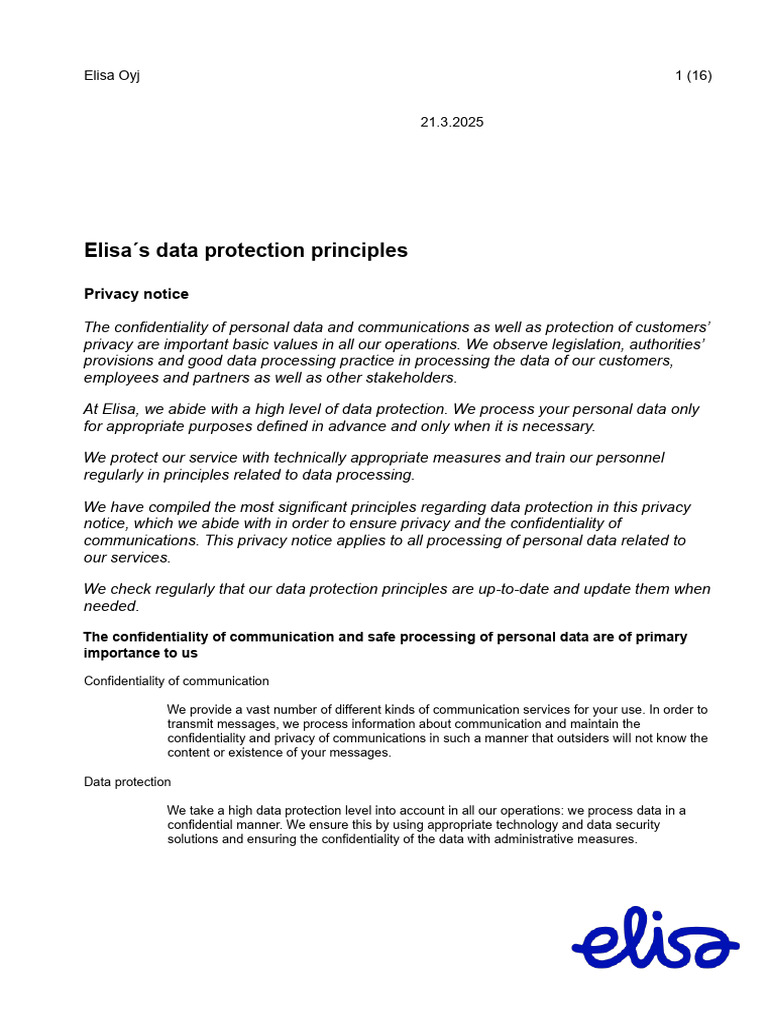 Elisa Data Protection Principles Eng | PDF | Identity Document | Direct ...