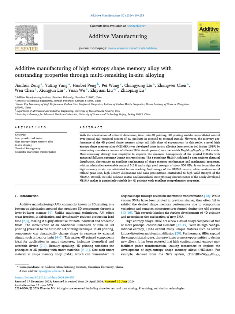 Additive Manufacturing of High Entropy Shape Memory Alloy | PDF | Shape ...
