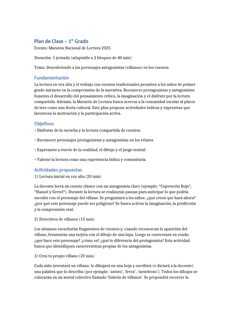 Plan de Clase Primer Grado Maraton | PDF
