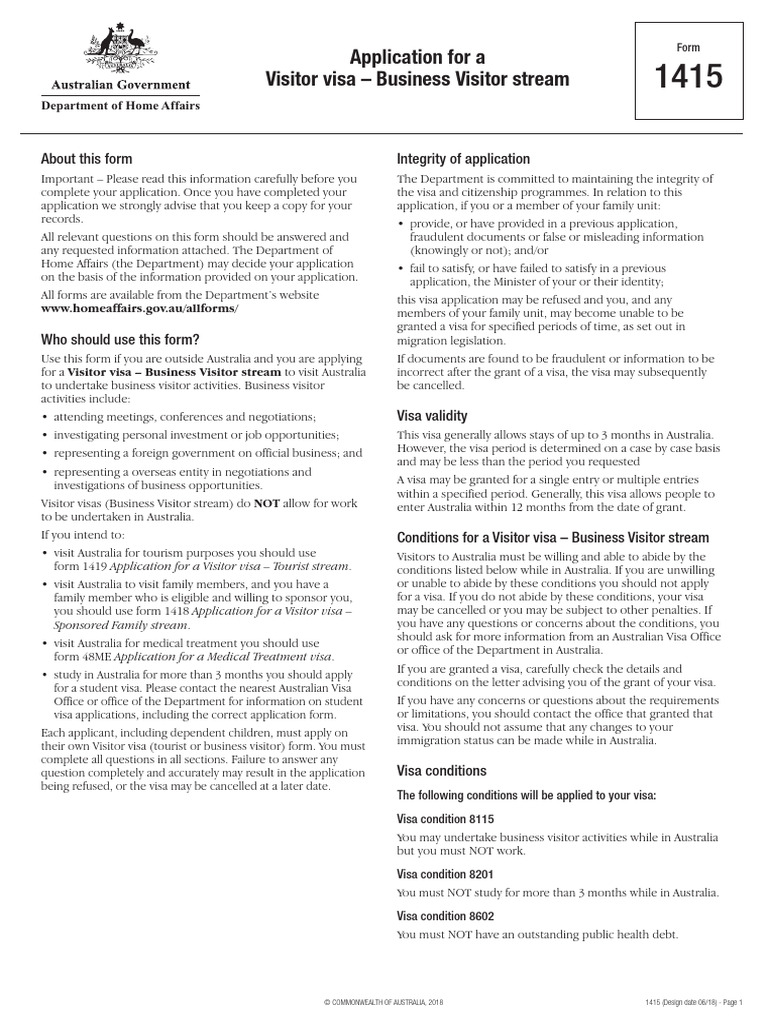 Australia Business Visa Form 1415 | PDF | Travel Visa | Vaccines