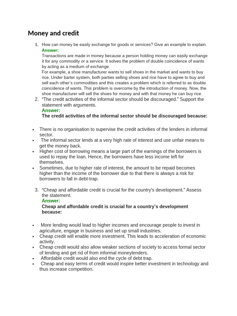 Money and Credit (Most Important Questions) | PDF | Loans | Finance ...