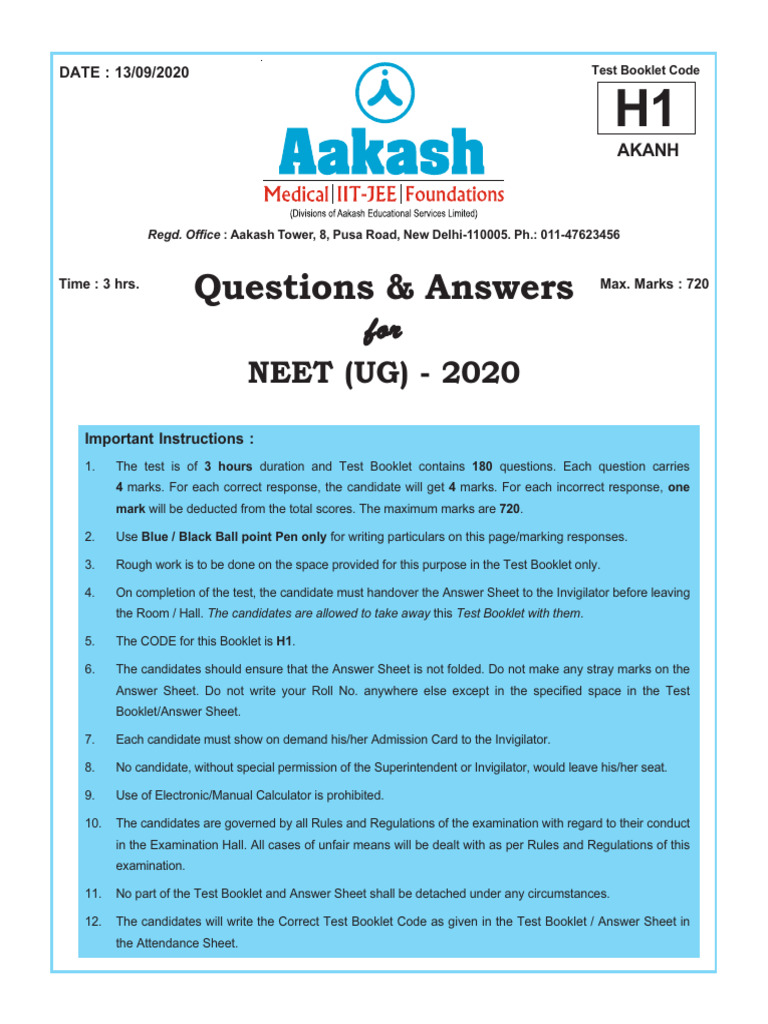 Questions & Answers: NEET (UG) - 2020 | PDF | Oxide | Chemistry