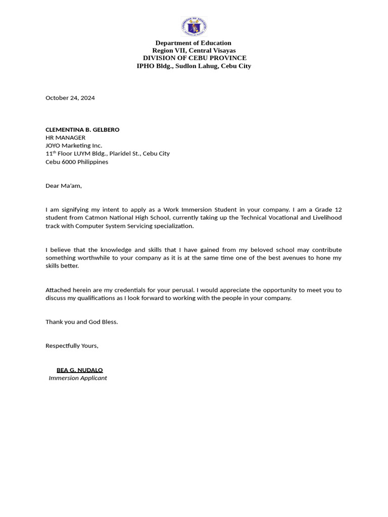 Application Letter For Immersion 1 | PDF