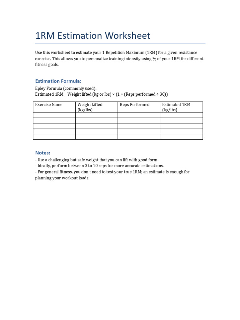 1RM Estimation Worksheet | PDF