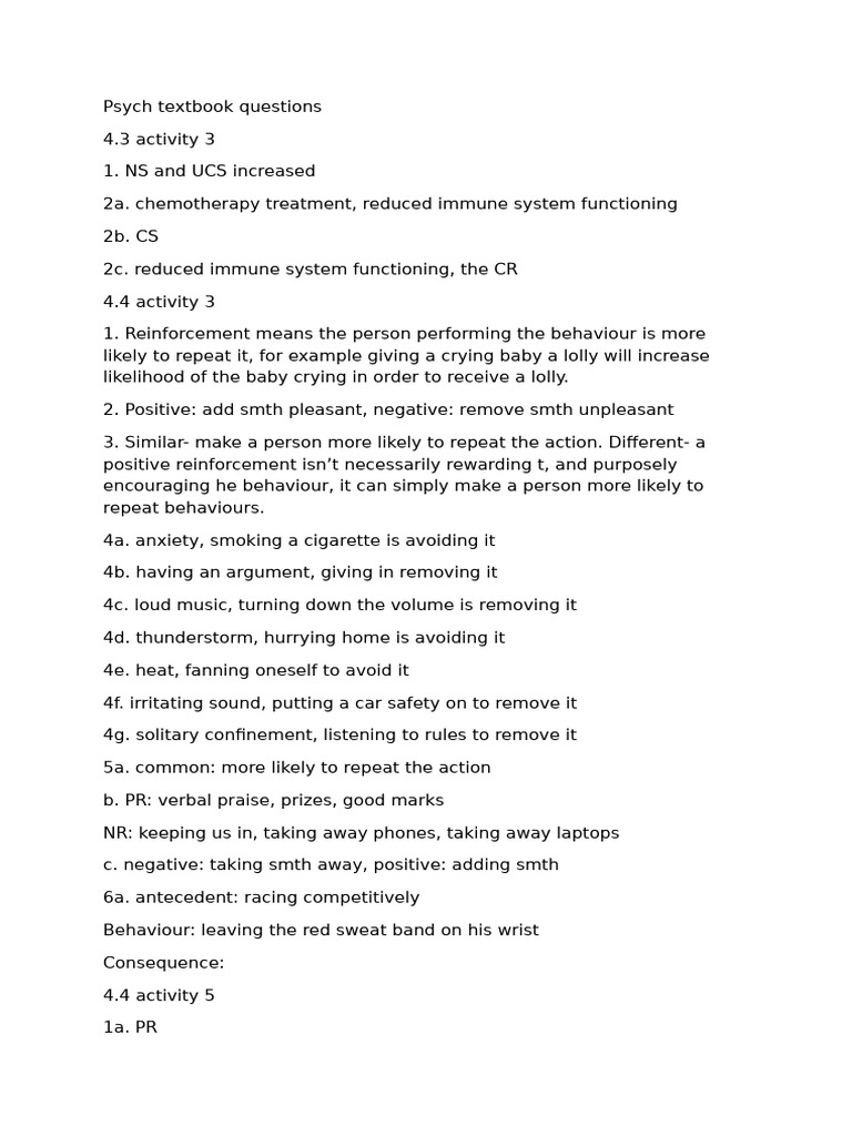 Psych Textbook Questions | PDF | Classical Conditioning | Reinforcement