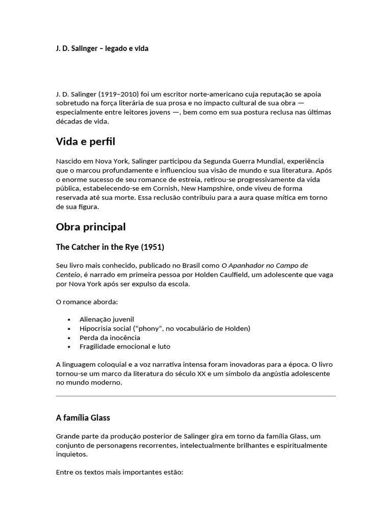 J. D. Salinger - Legado e Vida | PDF | J.D. Salinger