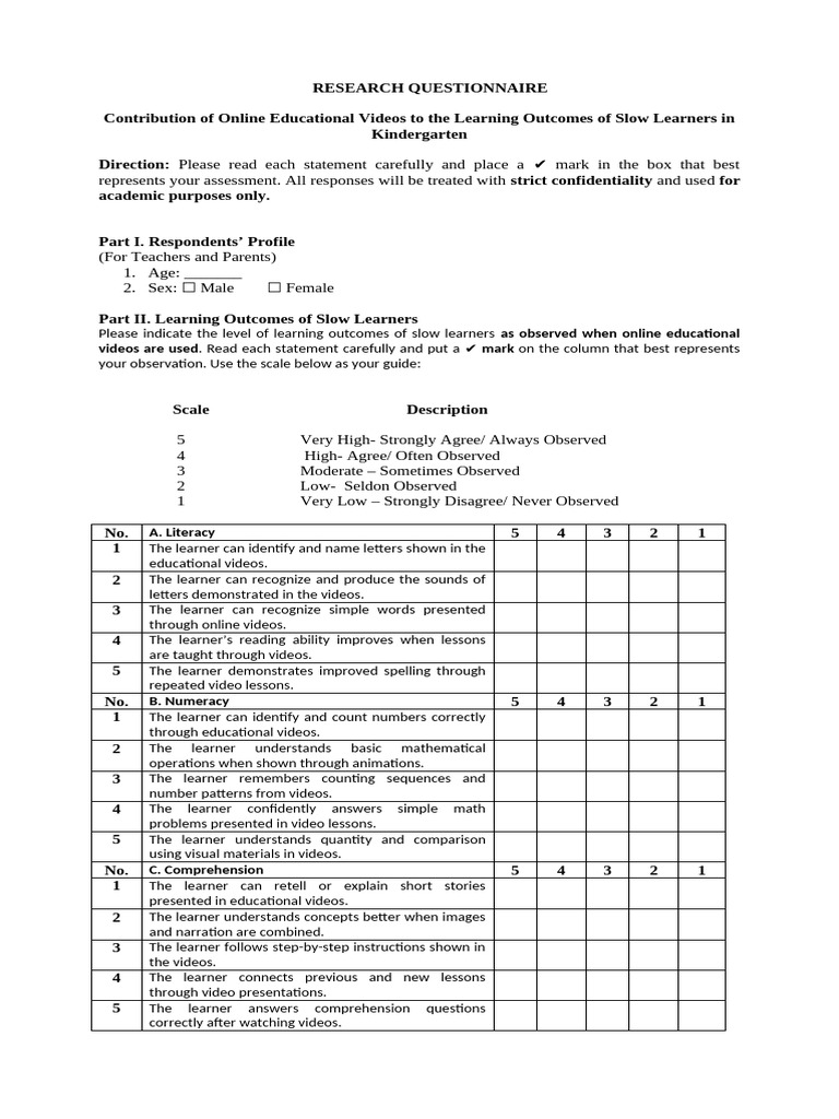 RESEARCH QUESTIONNAIRE Final | PDF | Learning | Reading Comprehension