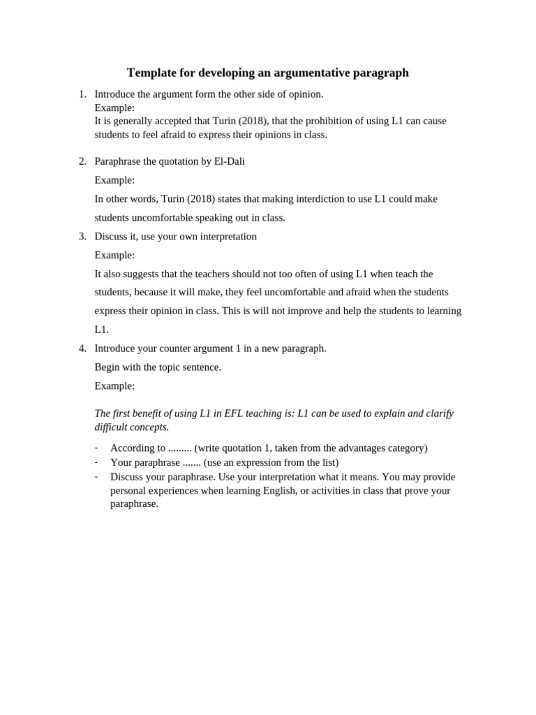Template For Developing An Argumentative Paragraph - Ardra - Erza | PDF