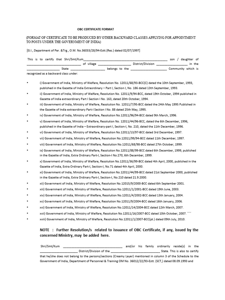 Format For OBC Certificate Revised | PDF | Magistrate | Government Of India