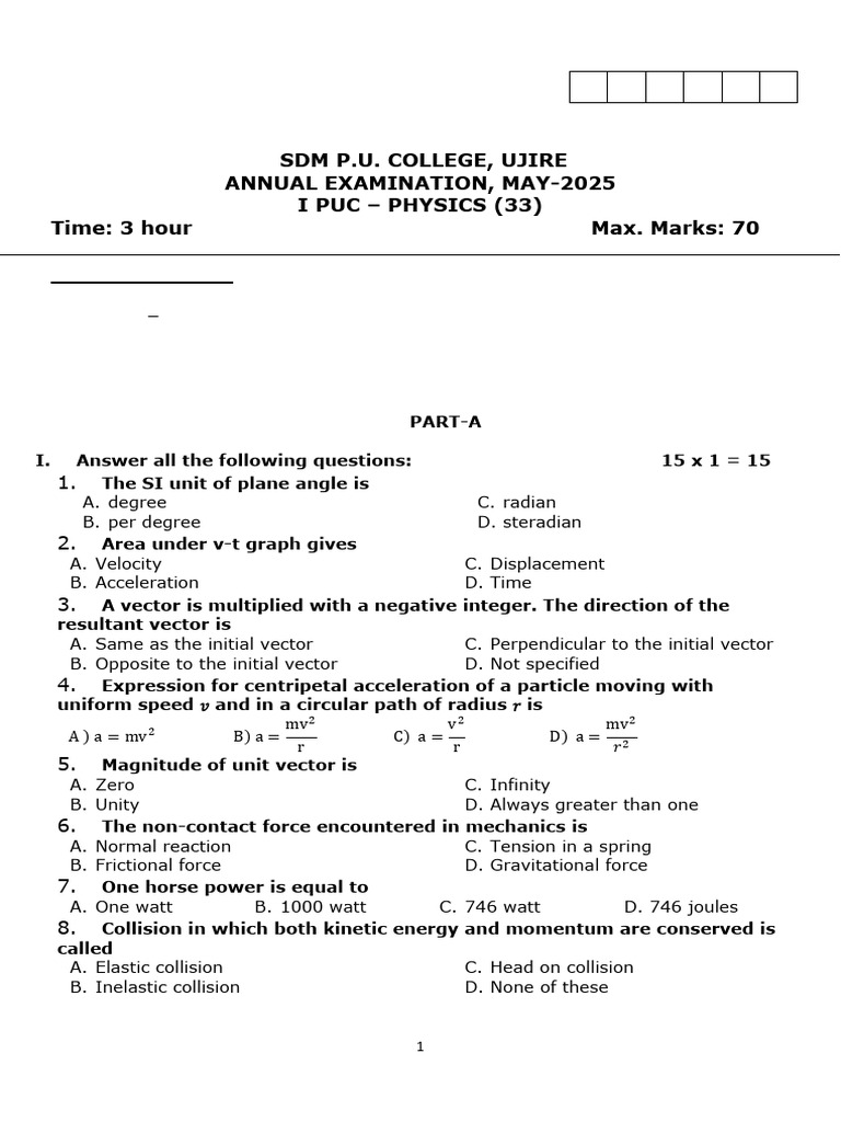 1st Pu Final Exam Question Paper | PDF | Force | Momentum