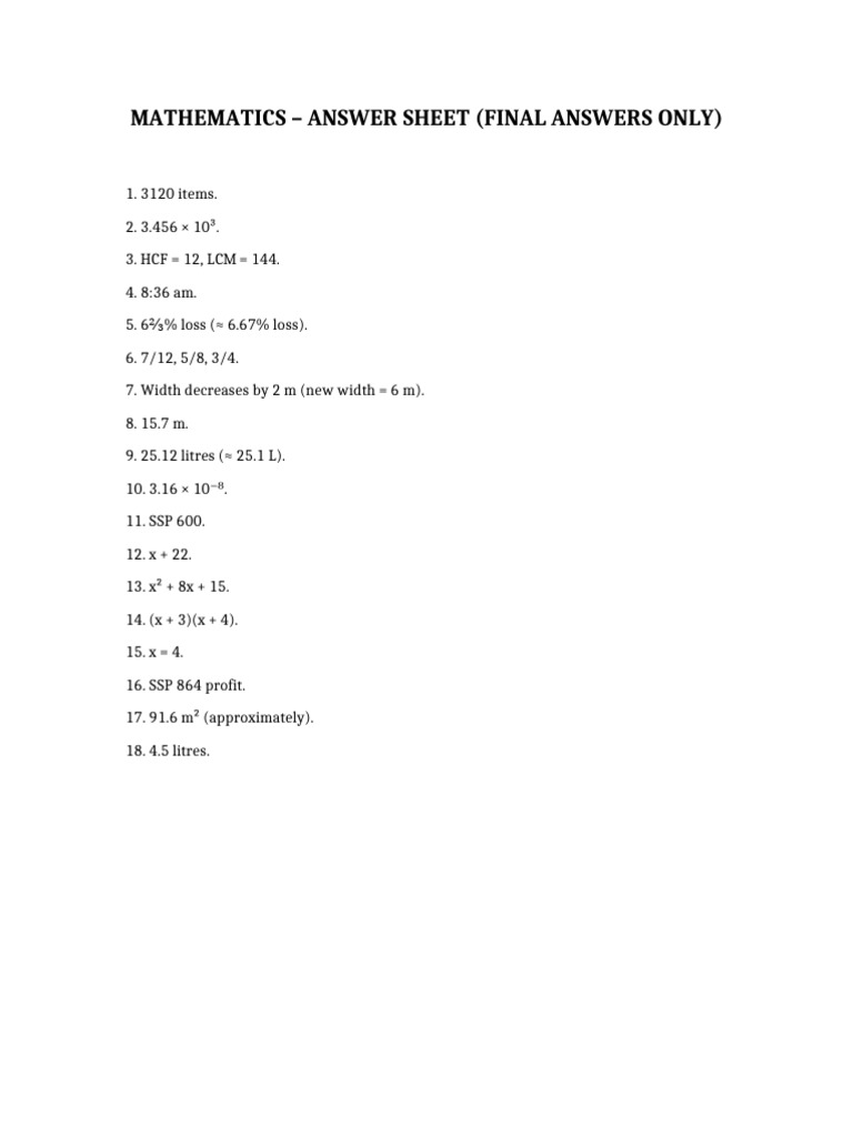 Mathematics Answer Sheet | PDF