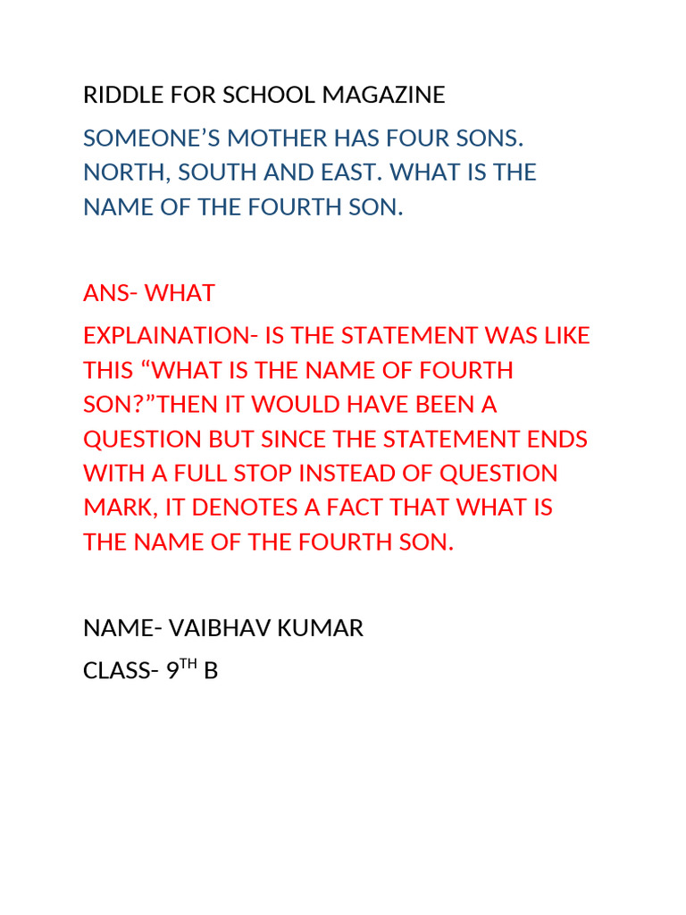 Riddle For School Magazine | PDF