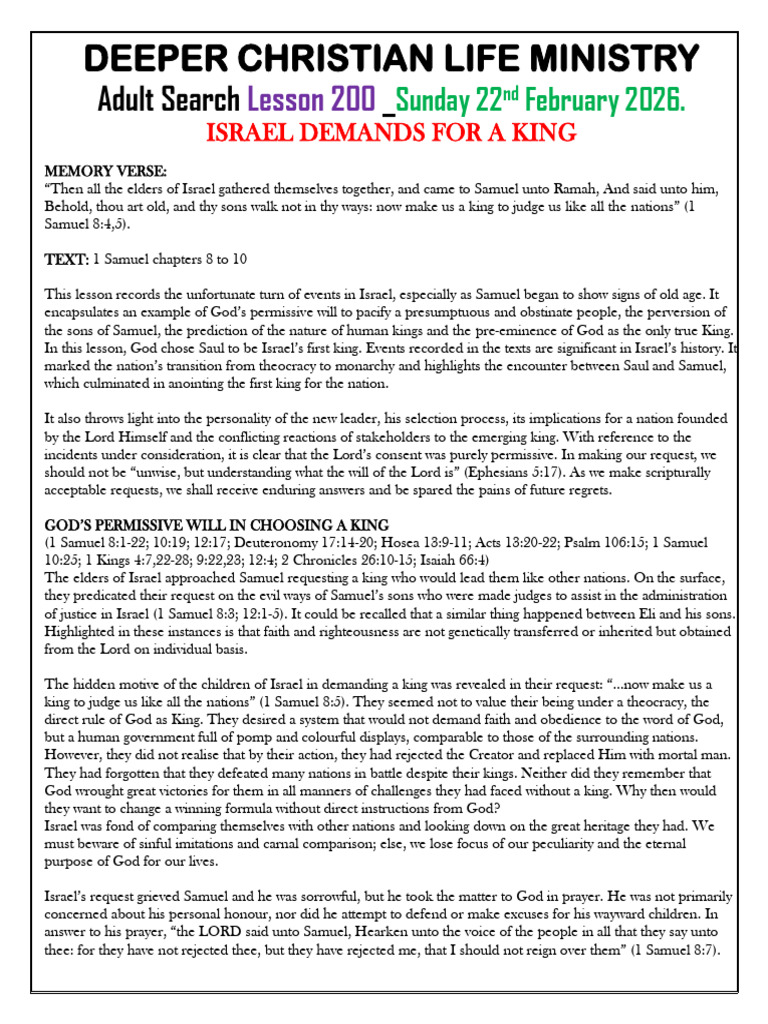 Adult Sts Lesson 200 - Israel Demands A King-1 | PDF | Samuel | Books ...