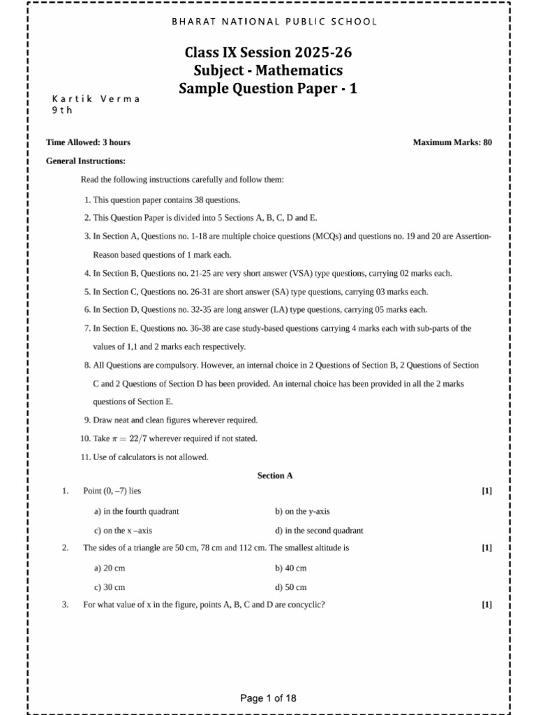 Sample Paper Maths 9th Class | PDF
