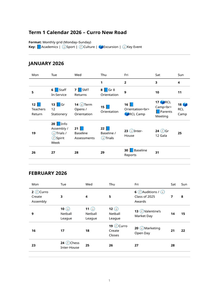 Term 1 Calendar 2026 Curro New Road | PDF | April Observances | March ...