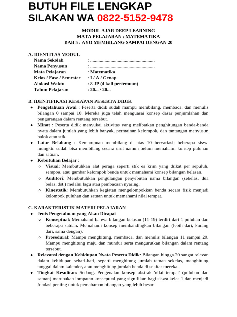 Modul Ajar Pembelajaran Matematika Kelas 1 Semester 2 Terbaru 2026 | PDF