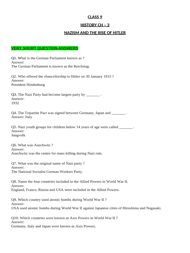 Class 9 - Hist Ch-3 (Nazism) - QnA | PDF | Nazi Germany | Adolf Hitler