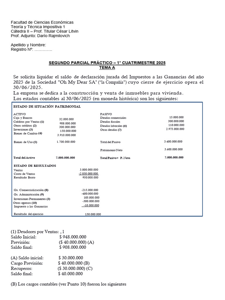2do PP 1c 2025 Oh My Dear SRL Tema A | PDF | Contabilidad | Estado de ...