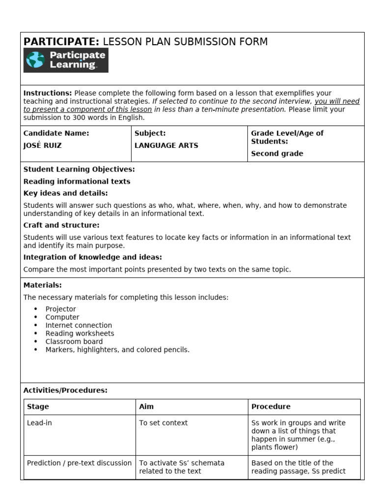Lesson Plan Participate Learning | PDF | Lesson Plan | Reading ...