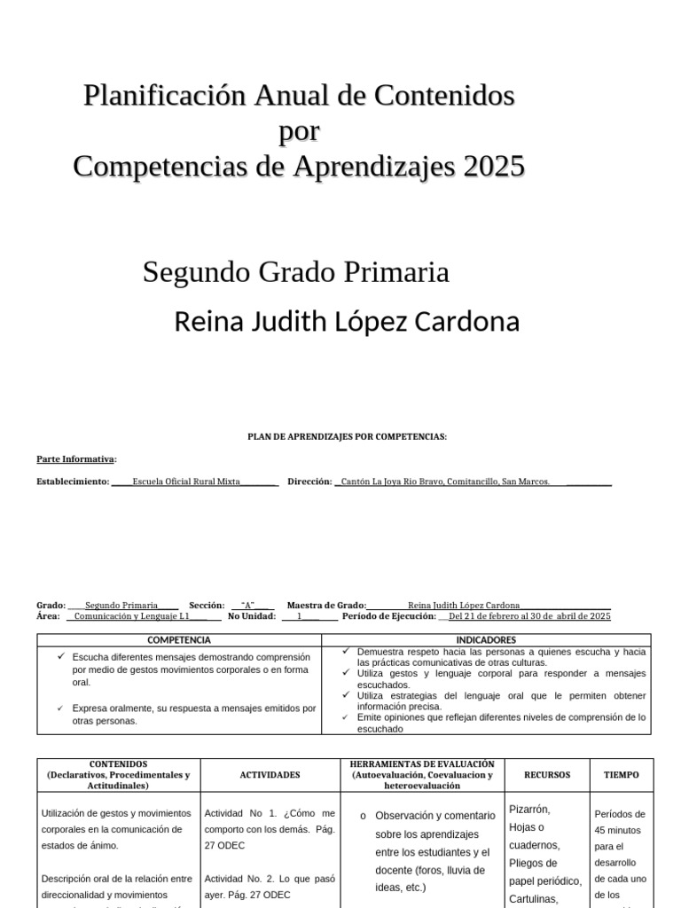 Plan Anual Segundo Grado 2025... | PDF | Comunicación | Salón de clases