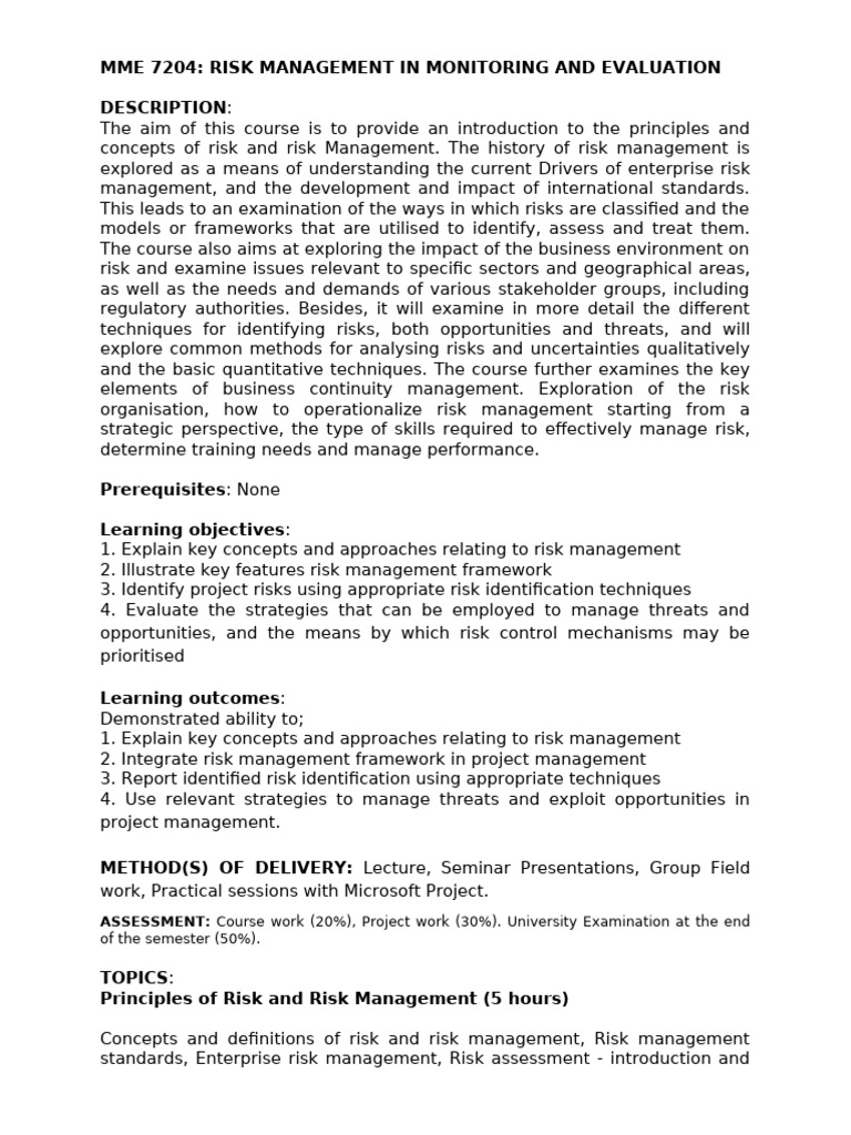 MME 7204 Risk Management in M&E | PDF | Risk | Risk Management