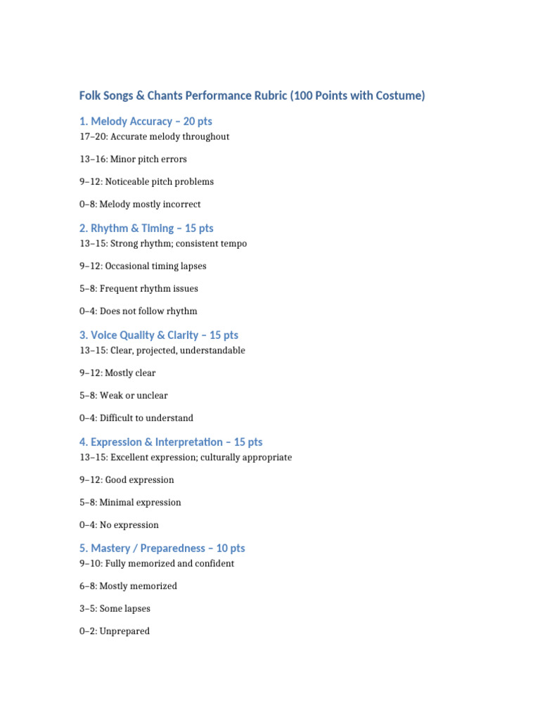 Folk Songs and Chants Rubric | PDF