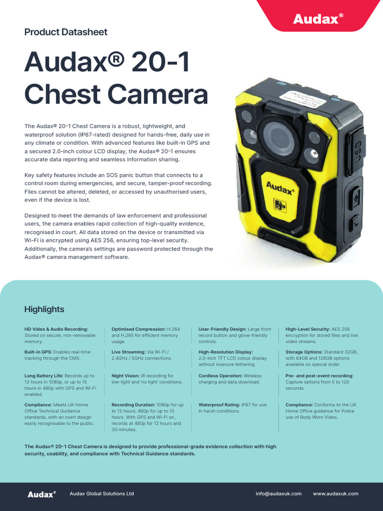 Audax Product Datasheet 20-1 Chest Camera PRINT | PDF | Wi Fi | Computing
