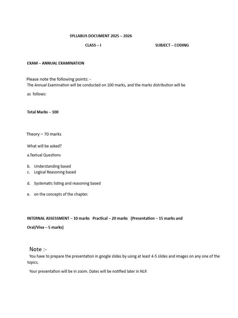Class 1 - Coding - Annual Exam Syllabus | PDF