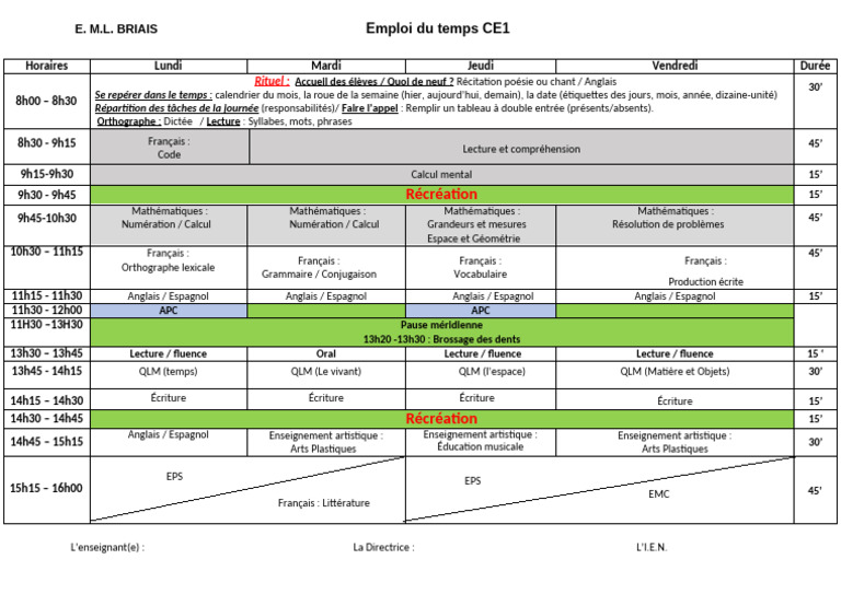 Emploi Du Temps CE1 | PDF | Écriture | la communication