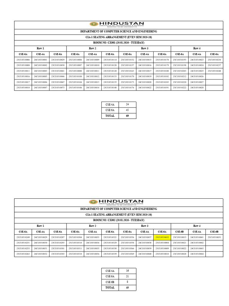 Seating Arrangement CIA-1 CSE On 20.1.26 | PDF | Career And Technical ...