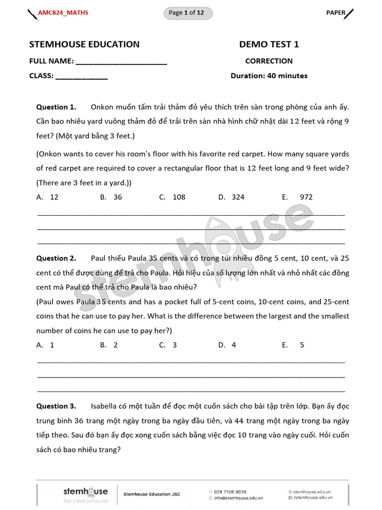 Amc824 Maths Demo Test 1 Paper | PDF