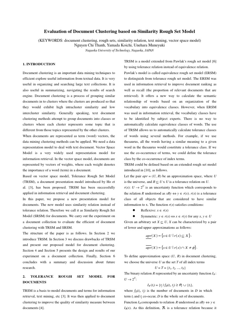 Similarity Rough Set Model for Clustering | PDF | Cluster Analysis ...