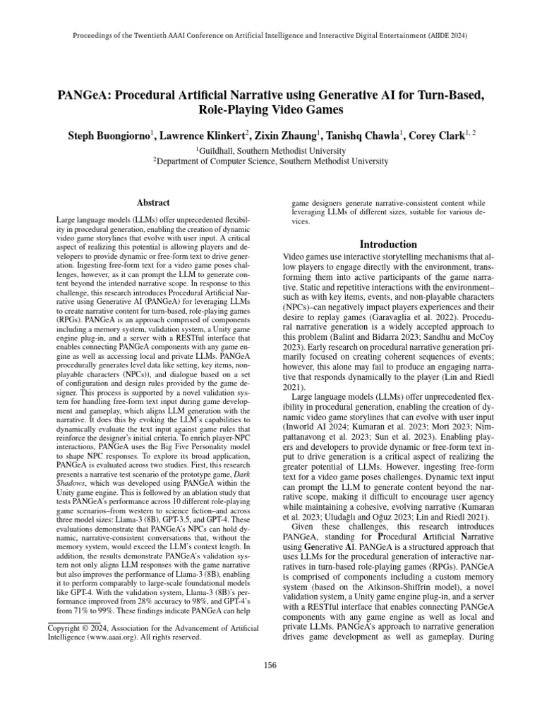 PANGeA Procedural Artificial Narrative Using Generative AI For Turn ...
