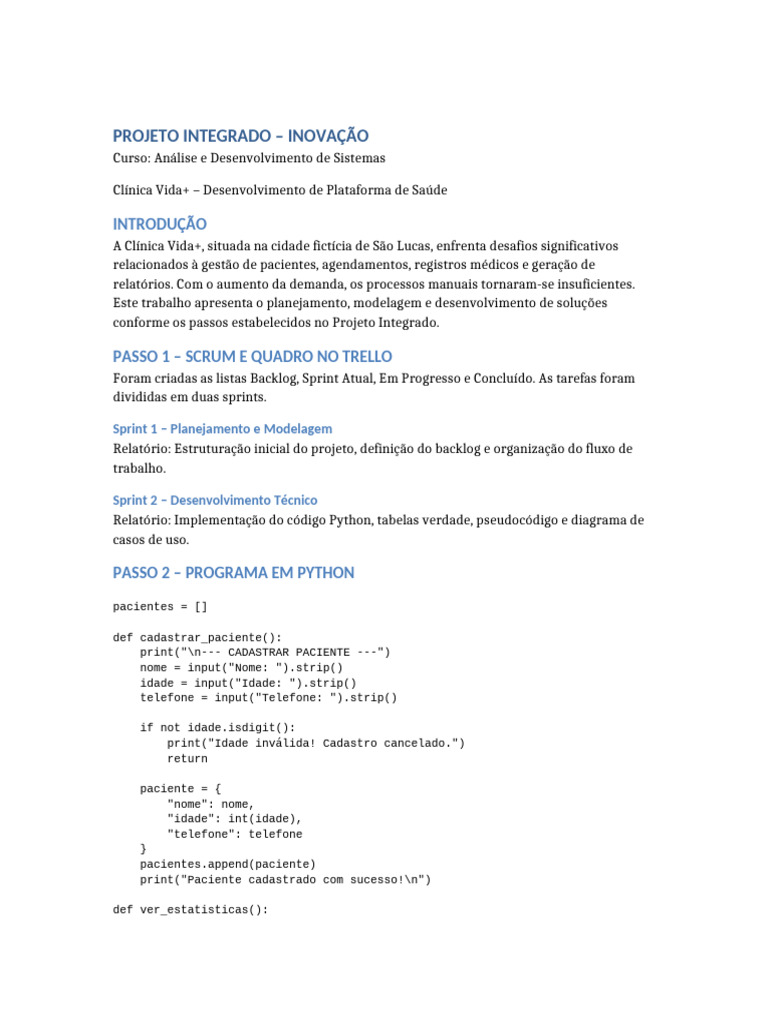 Projeto Integrado Vida Mais COMPLETO | PDF | Python (linguagem de ...