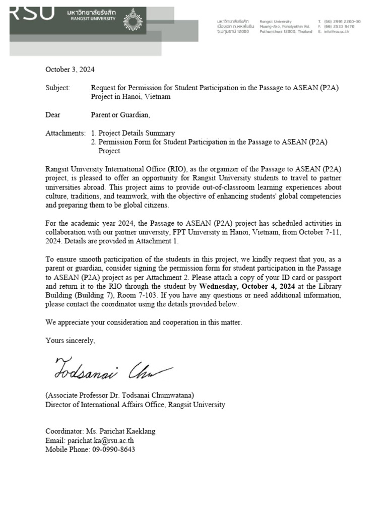 Permission Form For Student Participation in The Passage To ASEAN (P2A ...