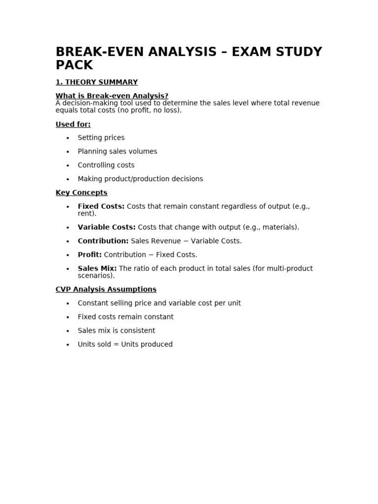9 - Break Even Analysis Summary | PDF | Business | Business Economics