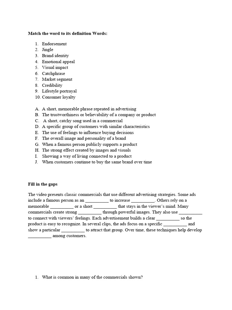 Match The Word To Its Definition Words | PDF | Advertising | Brand