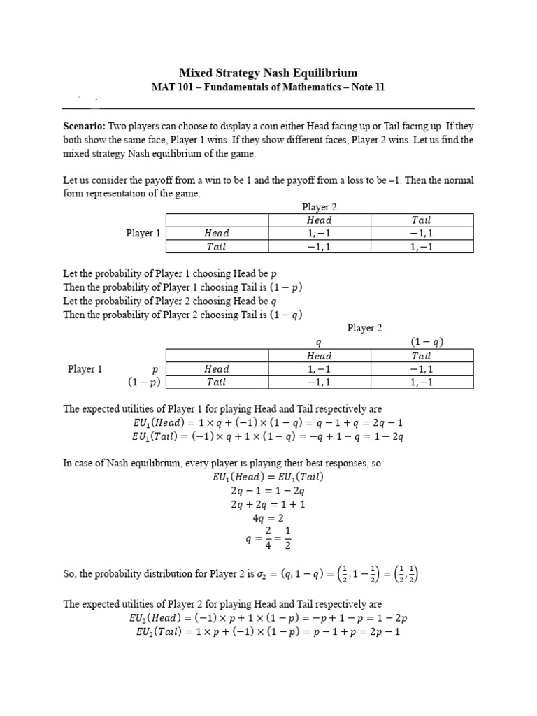MAT - 101 - Lecture 11 Mixed Strategy Nash Equilibrium | PDF | Economic ...