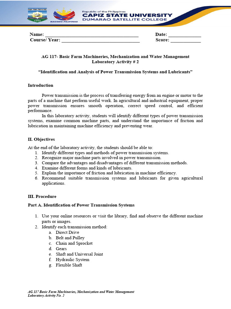 AG 117 Laboratory Activity No. 2 | PDF | Lubricant | Machines