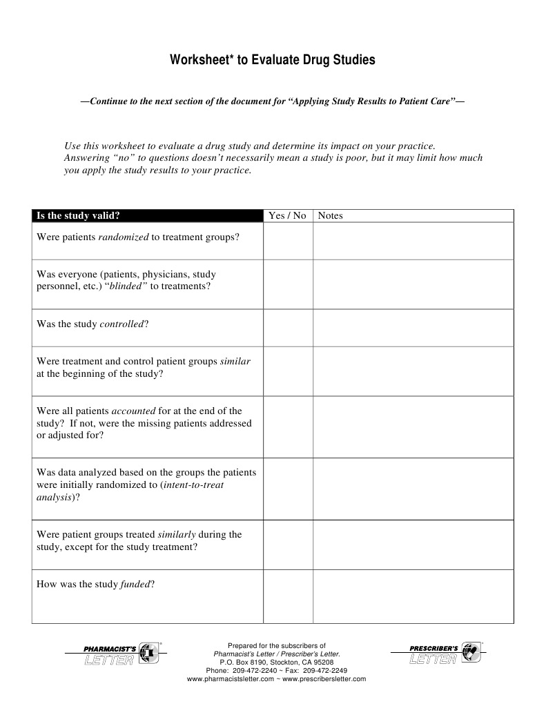 Worksheet To Evaluate Drug Studies PDF